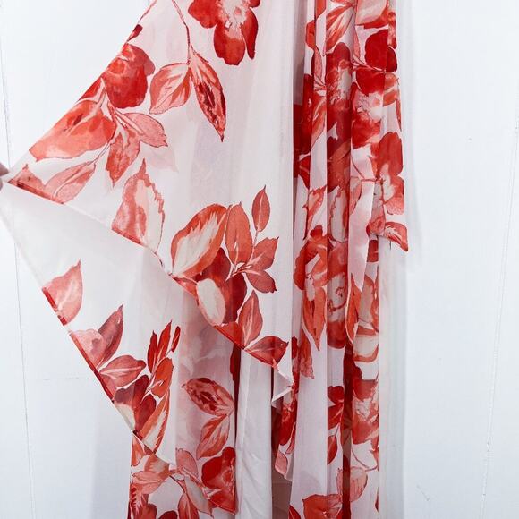 Eliza J Floral Chiffon High Low Dress Surplice Neck Tie Waist Size 10 Red White - Picture 5 of 16